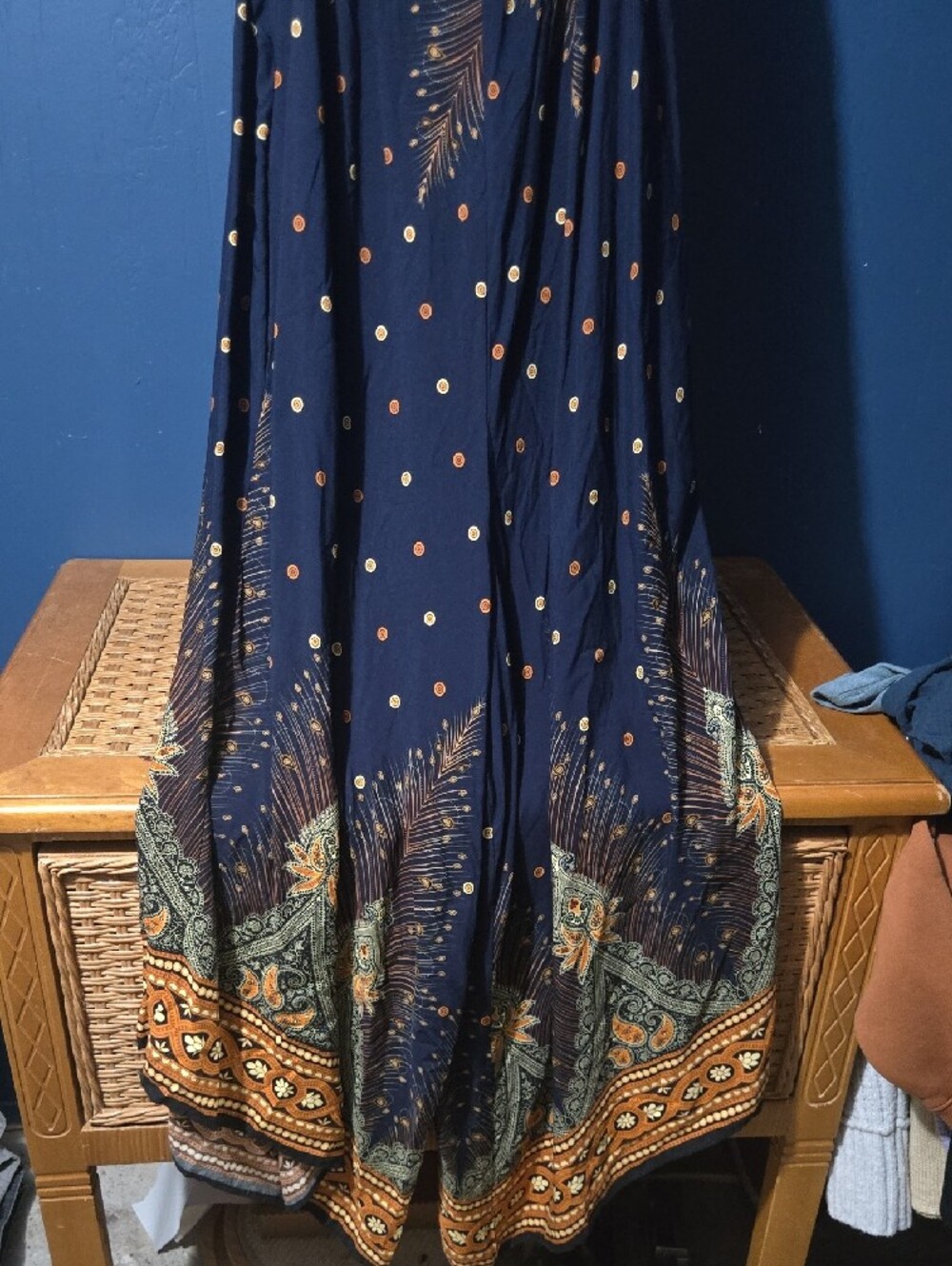 BloomChic Navy Wide-Leg Printed Jumpsuit with Gold & Teal Border - Picture 3 of 6
